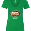 green camping v-neck t-shirt featuring a camper in the woods in the night with open doors with a quote saying adventure awaits