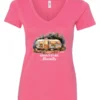 pink camping v-neck t-shirt featuring a camper in the woods in the night with open doors with a quote saying adventure awaits