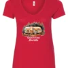 red camping v-neck t-shirt featuring a camper in the woods in the night with open doors with a quote saying adventure awaits