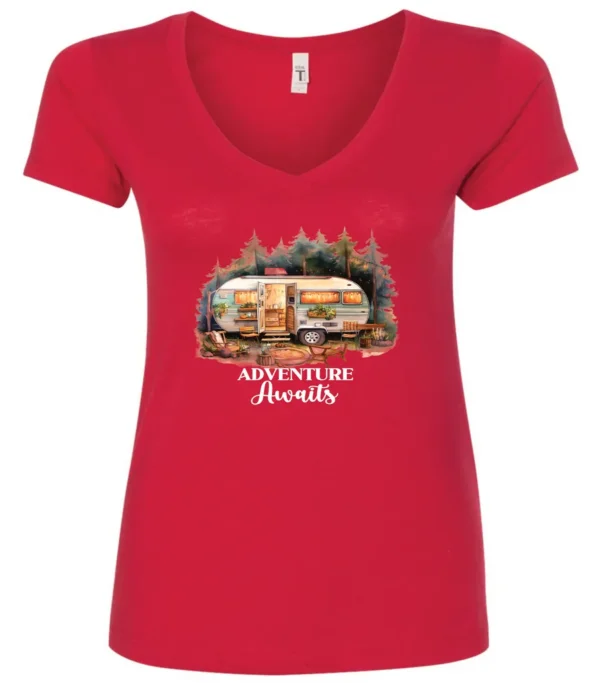 red camping v-neck t-shirt featuring a camper in the woods in the night with open doors with a quote saying adventure awaits