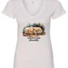 white camping v-neck t-shirt featuring a camper in the woods in the night with open doors with a quote saying adventure awaits