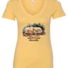 yellow camping v-neck t-shirt featuring a camper in the woods in the night with open doors with a quote saying adventure awaits