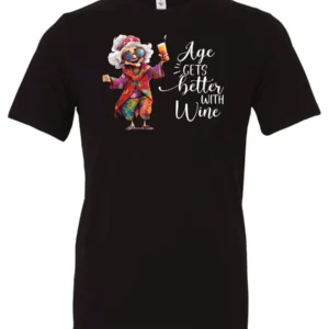 black funny wine t-shirt featuring a happy old hippie woman with funny glasses holding a cocktail and it says age gets better with wine
