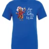 blue funny wine t-shirt featuring a happy old hippie woman with funny glasses holding a cocktail and it says age gets better with wine