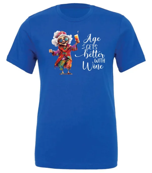 blue funny wine t-shirt featuring a happy old hippie woman with funny glasses holding a cocktail and it says age gets better with wine