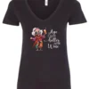 black funny wine v-neck t-shirt featuring a happy old hippie woman with funny glasses holding a cocktail and it says age gets better with wine