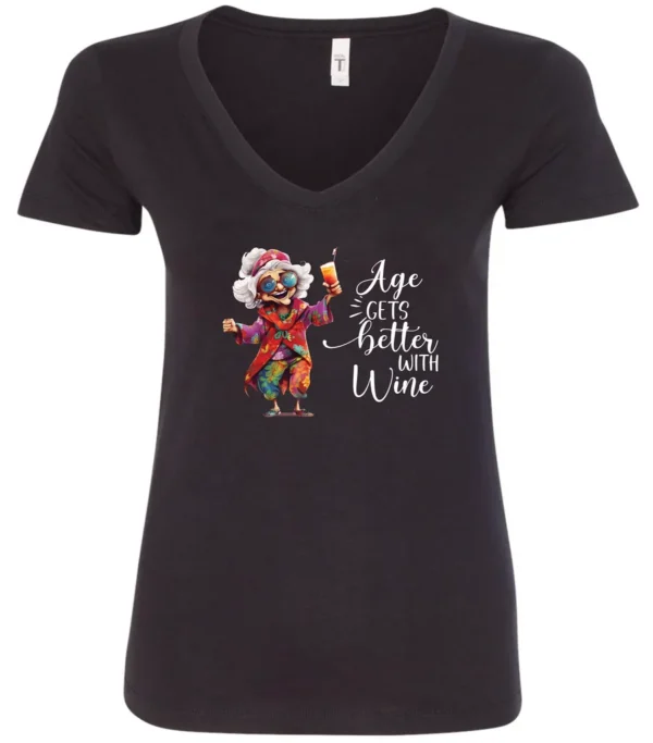 black funny wine v-neck t-shirt featuring a happy old hippie woman with funny glasses holding a cocktail and it says age gets better with wine