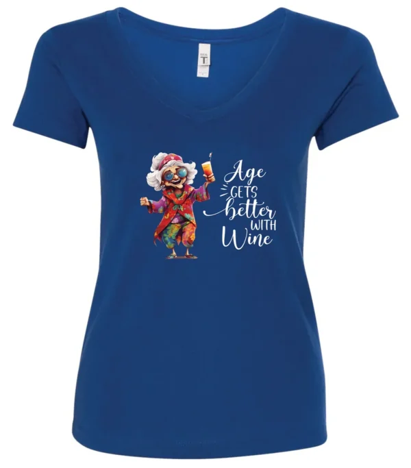 blue funny wine v-neck t-shirt featuring a happy old hippie woman with funny glasses holding a cocktail and it says age gets better with wine