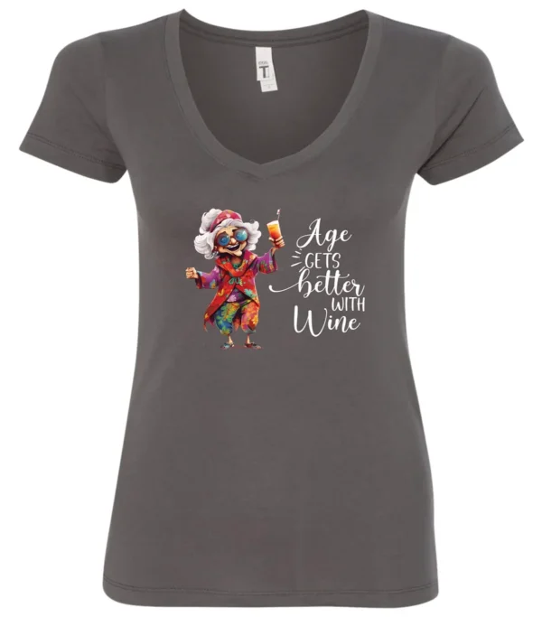 gray funny wine v-neck t-shirt featuring a happy old hippie woman with funny glasses holding a cocktail and it says age gets better with wine