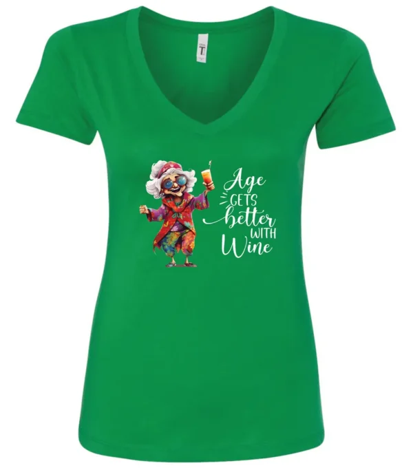 green funny wine v-neck t-shirt featuring a happy old hippie woman with funny glasses holding a cocktail and it says age gets better with wine