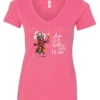 pink funny wine v-neck t-shirt featuring a happy old hippie woman with funny glasses holding a cocktail and it says age gets better with wine