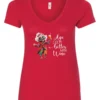 red funny wine v-neck t-shirt featuring a happy old hippie woman with funny glasses holding a cocktail and it says age gets better with wine