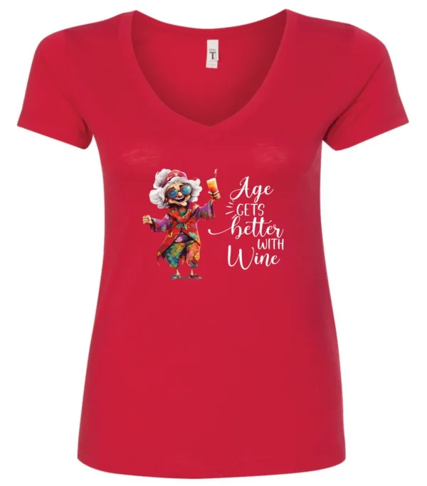 red funny wine v-neck t-shirt featuring a happy old hippie woman with funny glasses holding a cocktail and it says age gets better with wine