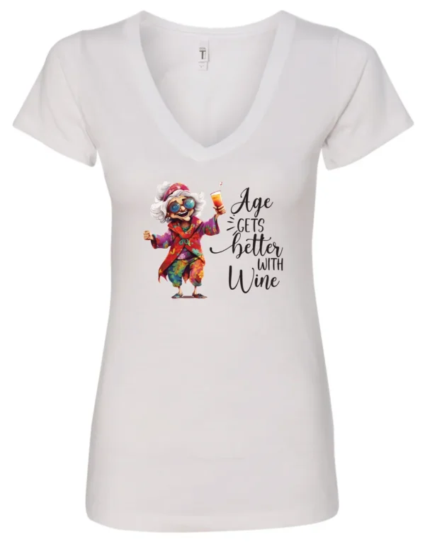 white funny wine v-neck t-shirt featuring a happy old hippie woman with funny glasses holding a cocktail and it says age gets better with wine