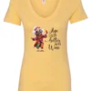 yellow funny wine v-neck t-shirt featuring a happy old hippie woman with funny glasses holding a cocktail and it says age gets better with wine