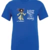 blue funny coffee t-shirt featuring a disheveled woman with scared face running in pajamas and a cup of coffee, it says allergic to mornings