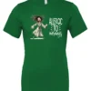 green funny coffee t-shirt featuring a disheveled woman with scared face running in pajamas and a cup of coffee, it says allergic to mornings