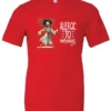 red funny coffee t-shirt featuring a disheveled woman with scared face running in pajamas and a cup of coffee, it says allergic to mornings