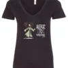 black funny coffee v-neck t-shirt featuring a disheveled woman with scared face running in pajamas and a cup of coffee, it says allergic to mornings