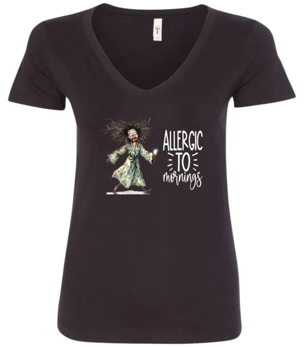 black funny coffee v-neck t-shirt featuring a disheveled woman with scared face running in pajamas and a cup of coffee, it says allergic to mornings