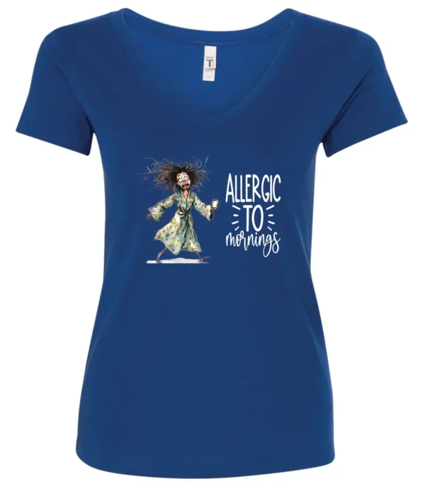 blue funny coffee v-neck t-shirt featuring a disheveled woman with scared face running in pajamas and a cup of coffee, it says allergic to mornings