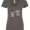 gray funny coffee v-neck t-shirt featuring a disheveled woman with scared face running in pajamas and a cup of coffee, it says allergic to mornings