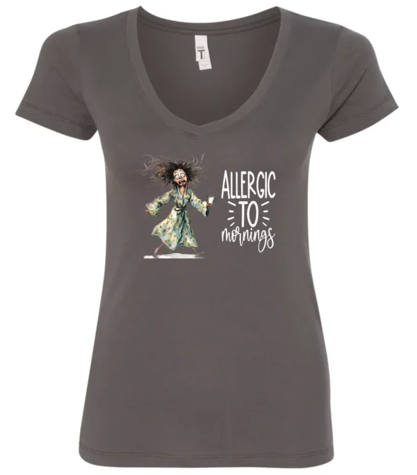 gray funny coffee v-neck t-shirt featuring a disheveled woman with scared face running in pajamas and a cup of coffee, it says allergic to mornings