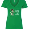 green funny coffee v-neck t-shirt featuring a disheveled woman with scared face running in pajamas and a cup of coffee, it says allergic to mornings