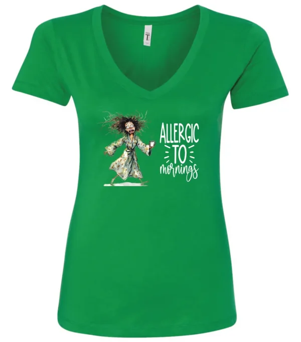 green funny coffee v-neck t-shirt featuring a disheveled woman with scared face running in pajamas and a cup of coffee, it says allergic to mornings