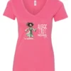 pink funny coffee v-neck t-shirt featuring a disheveled woman with scared face running in pajamas and a cup of coffee, it says allergic to mornings