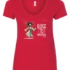 red funny coffee v-neck t-shirt featuring a disheveled woman with scared face running in pajamas and a cup of coffee, it says allergic to mornings