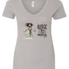 silver funny coffee v-neck t-shirt featuring a disheveled woman with scared face running in pajamas and a cup of coffee, it says allergic to mornings