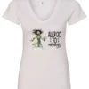 white funny coffee v-neck t-shirt featuring a disheveled woman with scared face running in pajamas and a cup of coffee, it says allergic to mornings