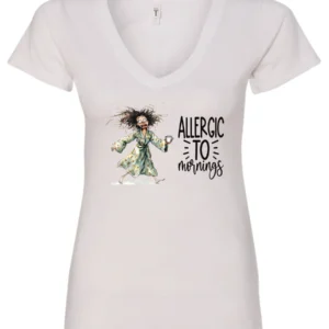 white funny coffee v-neck t-shirt featuring a disheveled woman with scared face running in pajamas and a cup of coffee, it says allergic to mornings