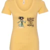 yellow funny coffee v-neck t-shirt featuring a disheveled woman with scared face running in pajamas and a cup of coffee, it says allergic to mornings