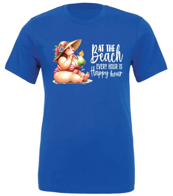 At The Beach Every Hour Is Happy Hour Crewneck T-Shirt, Funny Summer Graphic Tee