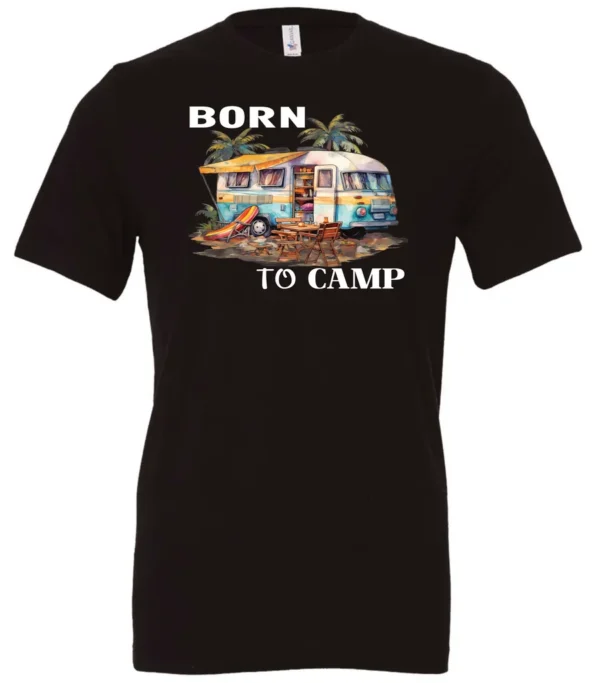 black funny camping t-shirt featuring a camper in the beach with a kayak outside with a quote saying born to camp