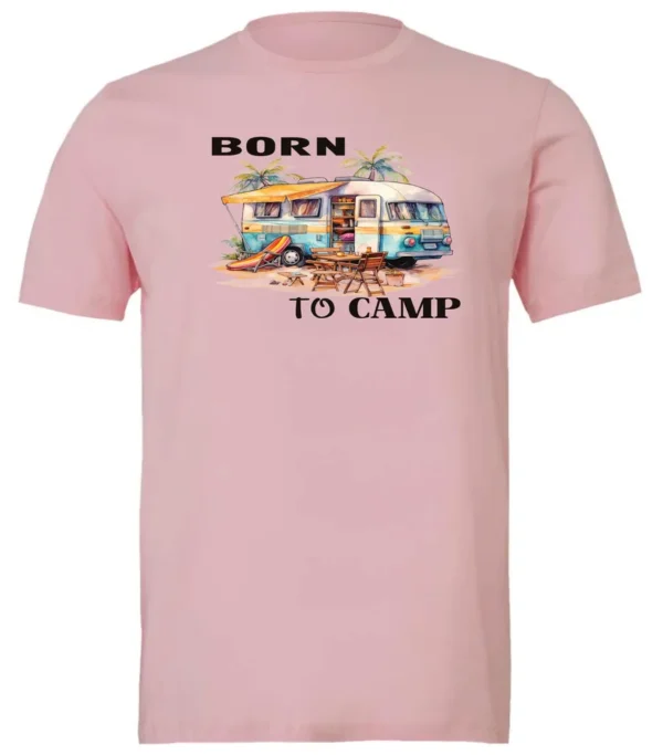 pink funny camping t-shirt featuring a camper in the beach with a kayak outside with a quote saying born to camp