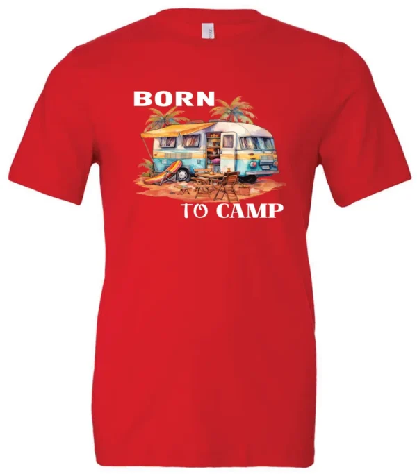 red funny camping t-shirt featuring a camper in the beach with a kayak outside with a quote saying born to camp