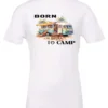 white funny camping t-shirt featuring a camper in the beach with a kayak outside with a quote saying born to camp