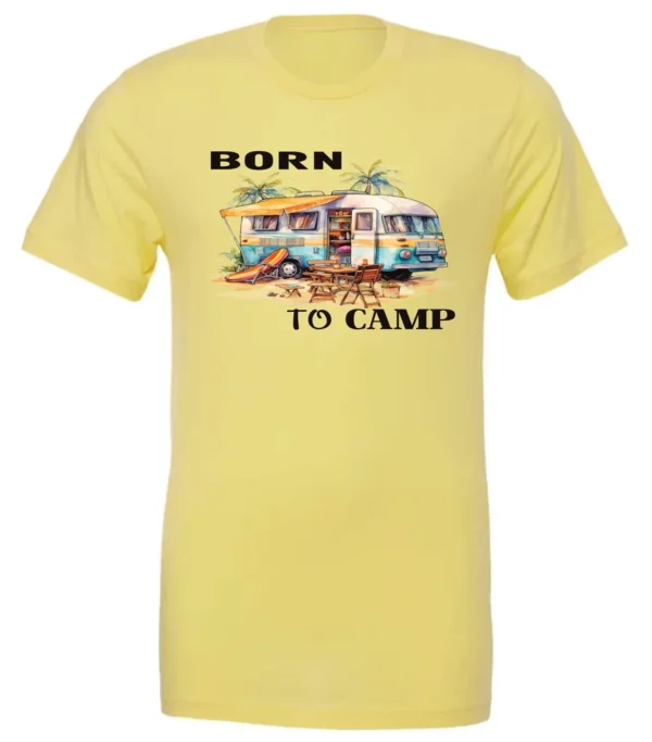 yellow funny camping t-shirt featuring a camper in the beach with a kayak outside with a quote saying born to camp