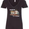 black funny camping v-neck t-shirt featuring a camper in the beach with a kayak outside with a quote saying born to camp
