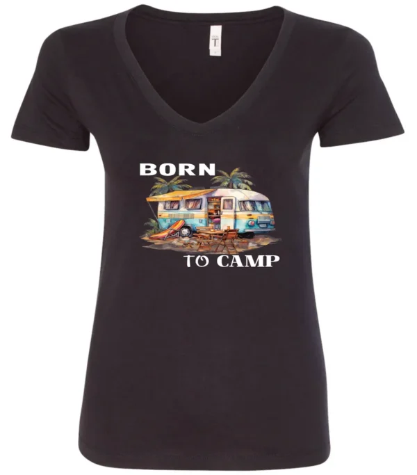 black funny camping v-neck t-shirt featuring a camper in the beach with a kayak outside with a quote saying born to camp