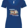 blue funny camping v-neck t-shirt featuring a camper in the beach with a kayak outside with a quote saying born to camp