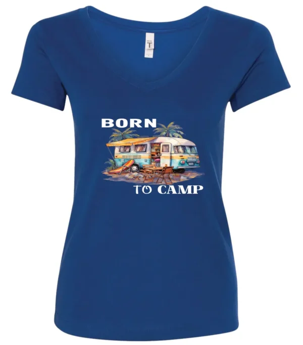 blue funny camping v-neck t-shirt featuring a camper in the beach with a kayak outside with a quote saying born to camp