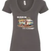 gray funny camping v-neck t-shirt featuring a camper in the beach with a kayak outside with a quote saying born to camp