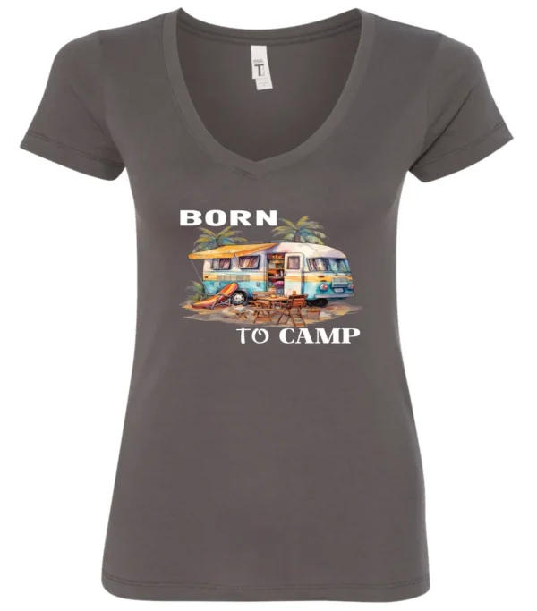 gray funny camping v-neck t-shirt featuring a camper in the beach with a kayak outside with a quote saying born to camp