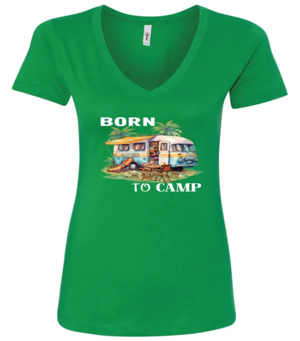 green funny camping v-neck t-shirt featuring a camper in the beach with a kayak outside with a quote saying born to camp