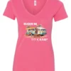pink funny camping v-neck t-shirt featuring a camper in the beach with a kayak outside with a quote saying born to camp