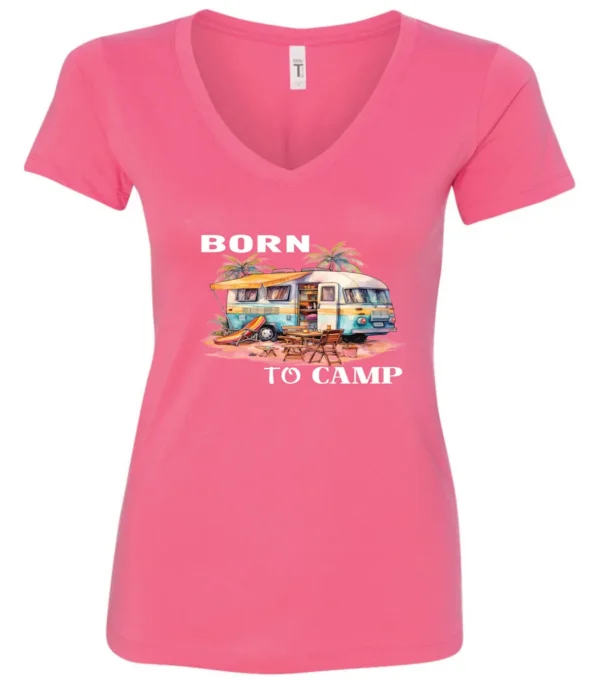 pink funny camping v-neck t-shirt featuring a camper in the beach with a kayak outside with a quote saying born to camp